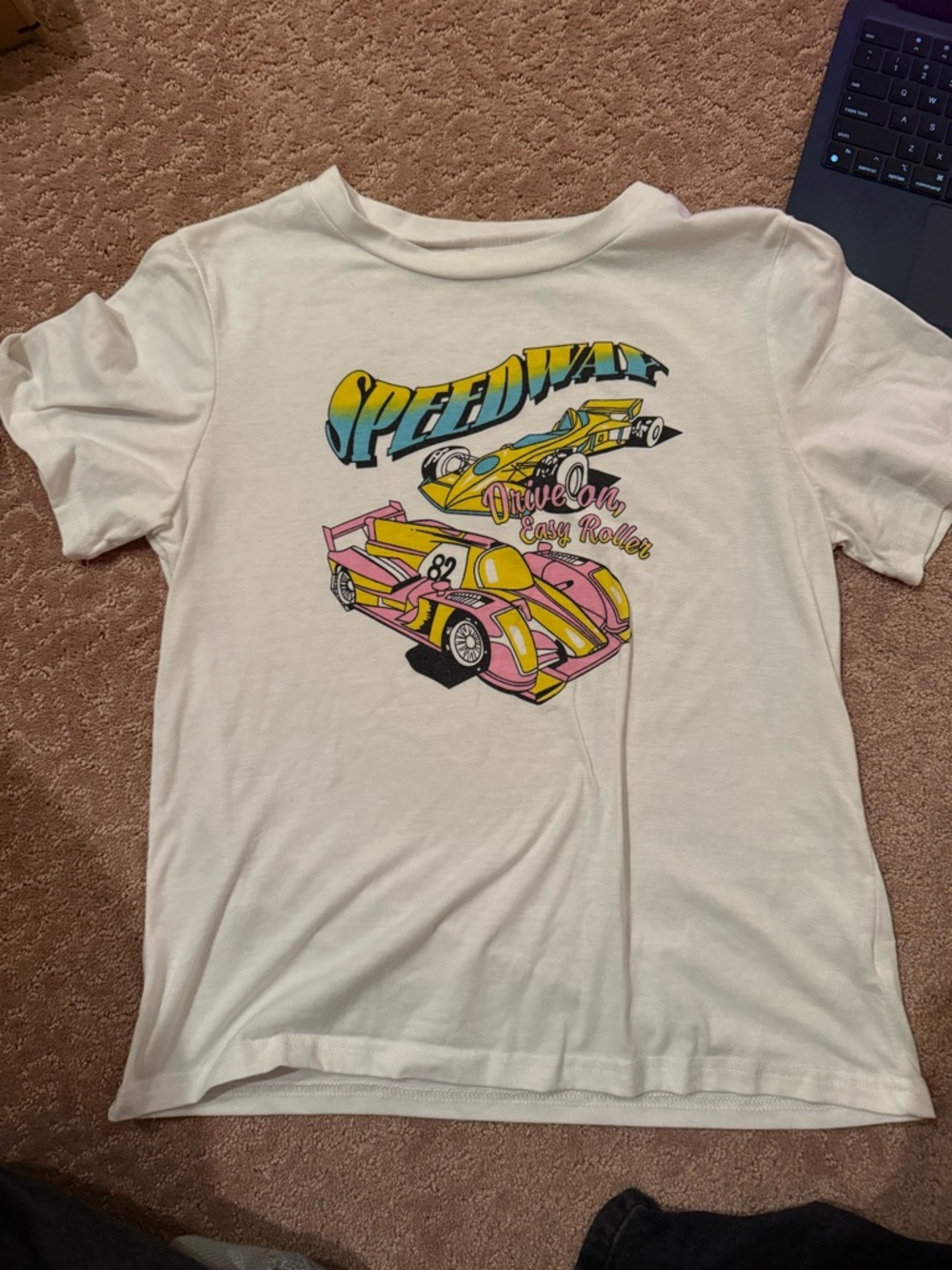 Kids White 'Speedway' Graphic Tee with Pink & Yellow Race Car